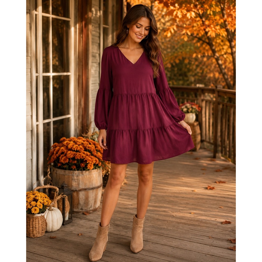 401. Boho Burgundy V-Neck Tiered Babydoll Mini Dress with Balloon Sleeves XL